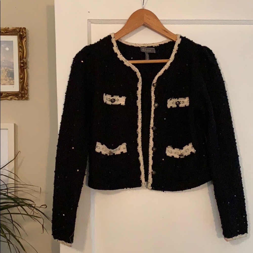 Black embellished crop sweater w white detail